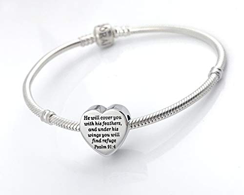 Heart Charm Fit Pandora Charms Bracelet Christian Bible Verse Charm Prayer Faith Religious Charms Gifts for Women - style: He will cover you with his feathers,and under his wings you will find refuge Psalm 91:4