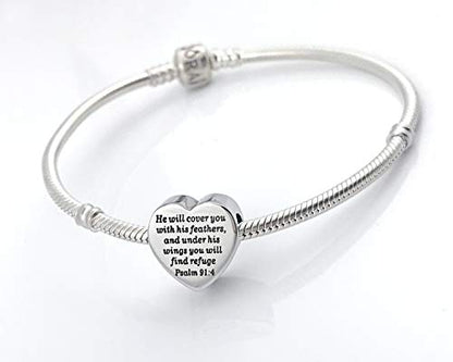 Heart Charm Fit Pandora Charms Bracelet Christian Bible Verse Charm Prayer Faith Religious Charms Gifts for Women - style: He will cover you with his feathers,and under his wings you will find refuge Psalm 91:4