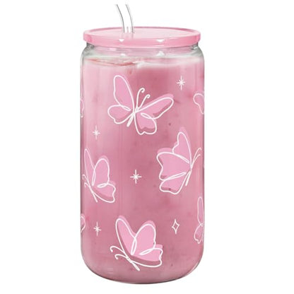 SANDJEST Butterfly 16 Oz Can Glass Tumbler with Acrylic Lid and Straw - Iced Coffee Cups for Women, Aesthetic Glass Cup Gift for Birthday Christmas - color: Butterfly 2