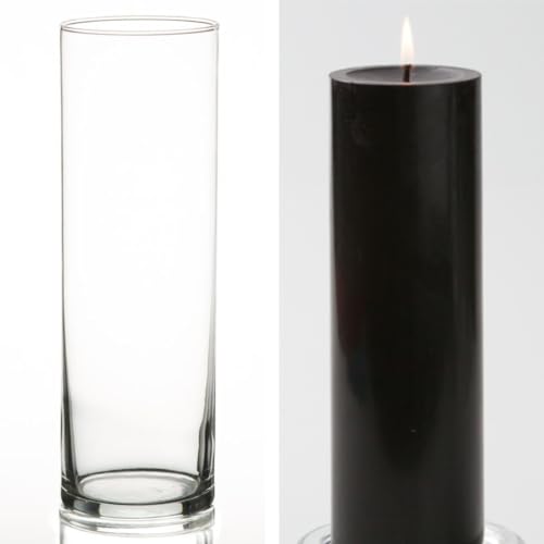 12 Eastland Glass Cylinder Vases 10.5" and 12 Black Richland Pillar Candles 9" - color: Black, size: 9"