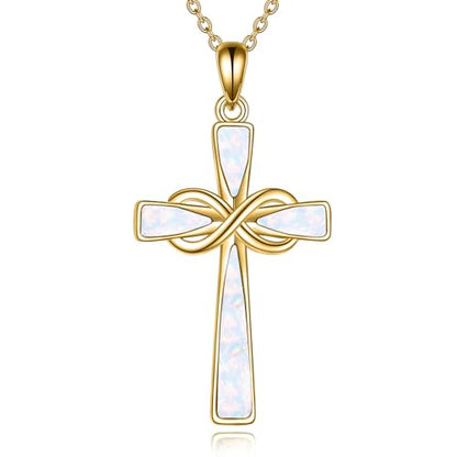 Infinity Cross Necklace S925 Sterling Silver Turquoise/Wooden/Opal/Abalone Cross Pendant Necklaces Christian Jewelry Gifts For Women - style: 18k Gold Plated Opal Cross