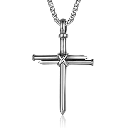 Nail Cross Necklace for Men Stainless Steel Chain 24inch 3 Nails Jesus Cross Pendant Christian Gifts for Dad 3 Colors - color: Silver