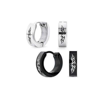 Angel Wings Mini Hoop Huggie Earrings Black Silver Stainless Steel (2 Set)