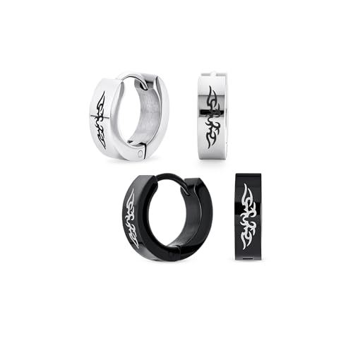 Angel Wings Mini Hoop Huggie Earrings Black Silver Stainless Steel (2 Set)