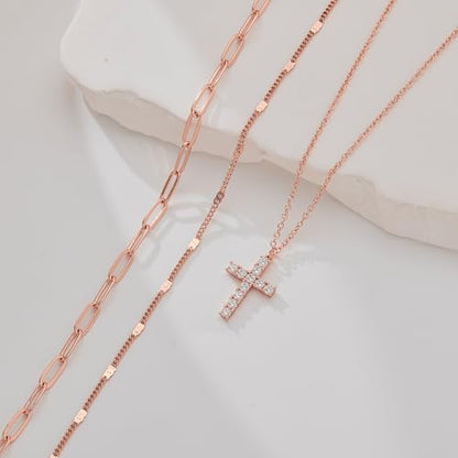 Poxtex Layered Gold Necklaces for Women, Stackable Dainty 14K Gold Silver Plated Trendy Simple Heart Diamond Cross Bow Circle Pendant Paperclip Choker Dot Chain Necklace,Jewelry Set Gifts for Women - color: Rose Gold, style: Cross2