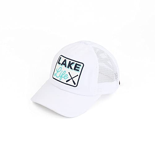 C.C Ponycap Messy High Bun Ponytail Adjustable Mesh Trucker Baseball Cap Hat - color: Criss Cross Patch Lake Life, White