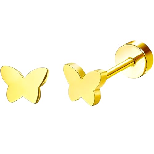 Stainless Steel Stud Earring 1 Pair Gold Small Flatback Earrings Helix Hypoallergenic Flat Back Jewellery Dainty Screwback Tiny Jewelry for Sensitive Ears Women Ladies Aretes De Mujer - style: Butterfly