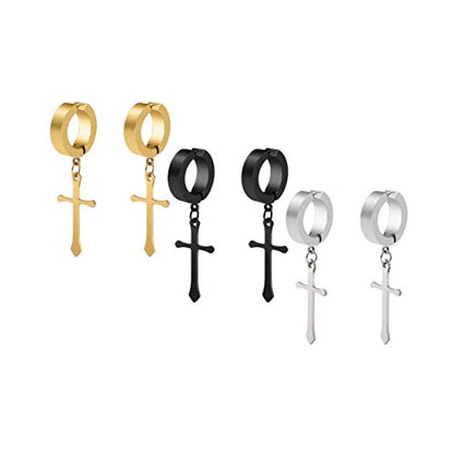 Non-pierced Earrings Set for Men Women Cross Titanium Steel Hoop Dangle Clip On Earring - style: set of 3 pairs