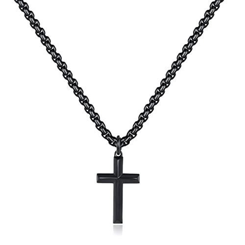 REVEMCN Christian Black Gold Silver Cross Necklace for Boys & Men, 16-22" - color: Black - 0.8'' × 0.5'' beveled cross pendant, size: 16 inches