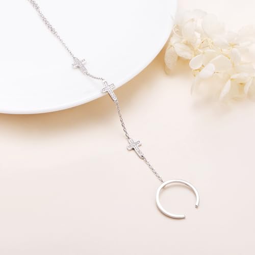 S925 Sterling Silver Finger Ring Bracelet Hand Adjustable Chain for Women - style: Cross