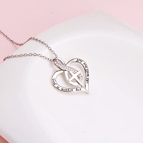 S925 Sterling Silver Christian Cross Heart Faith Bible Verse Necklace Rings - style: God is within her she will not fall..