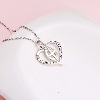 S925 Sterling Silver Christian Cross Heart Faith Bible Verse Necklace Rings - style: God is within her she will not fall..