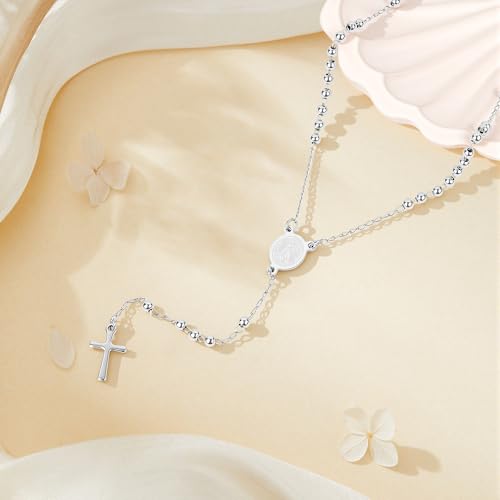 Rosary Cross Necklace for Women, Gold Plated Silver Black Virgin Mary Rosary Bead Necklace Catholic Jewelry - color: Silver