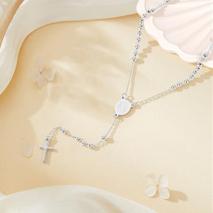 Rosary Cross Necklace for Women, Gold Plated Silver Black Virgin Mary Rosary Bead Necklace Catholic Jewelry - color: Silver