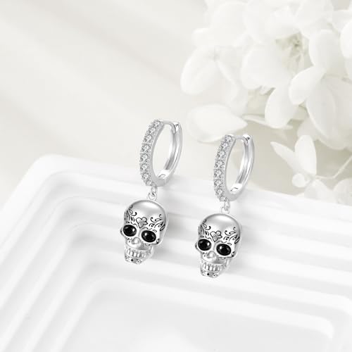 AOBOCO Black Hoops Earrings for Men Sterling Silver Viking Celtic Cross Heart Skull Round Triangle Hoop Earrings Birthday Father Day Christmas Jewelry Gifts for Men Women Friends - style: Skull Earrings