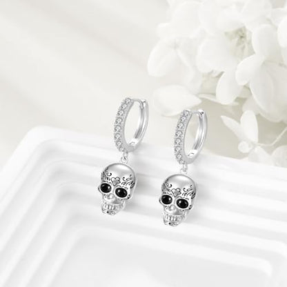 AOBOCO Black Hoops Earrings for Men Sterling Silver Viking Celtic Cross Heart Skull Round Triangle Hoop Earrings Birthday Father Day Christmas Jewelry Gifts for Men Women Friends - style: Skull Earrings