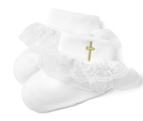 Baptism Socks for Baby Girls - White Newborn Christening Socks With Cross & Eyelet Frilly Lace - color: B-white