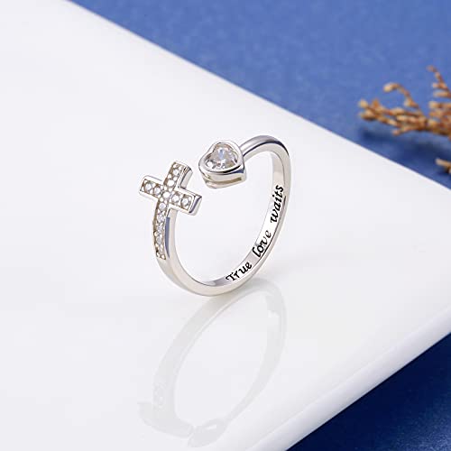 APOTIE 925 Sterling Silver Cross Ring - True Love Wait Purity Ring Cubic Zirconia Adjustable Ring Jewelry Gift for Women - style: True Love Wait