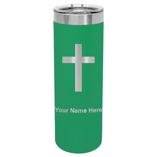 LaserGram Personalized 22oz Skinny Tumbler, Christian Cross (Green) - color: Green