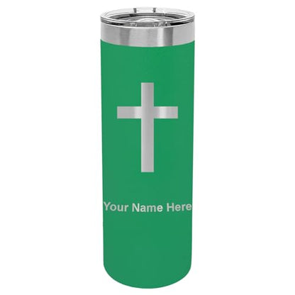LaserGram Personalized 22oz Skinny Tumbler, Christian Cross (Green) - color: Green