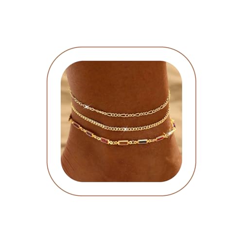 Ankle Bracelets for Women Waterproof Non Tarnish Anklet - style: 3 Layered Cuban&Figaro-GD