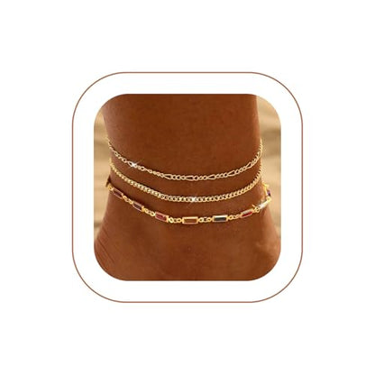 Ankle Bracelets for Women Waterproof Non Tarnish Anklet - style: 3 Layered Cuban&Figaro-GD