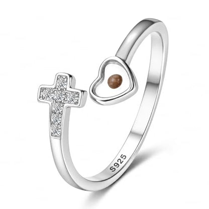 SUYACS 925 Sterling Silver Mustard Seed Heart Cross Rings for Women - color: Silver
