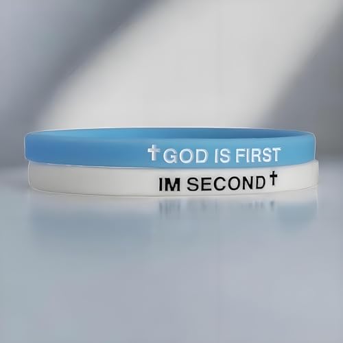 LIU JUN God Is First Bracelet, GOD IS FIRST IM SECOND Christian Rubber Bracelets Inspirational Engraved Bible Verses Cross Silicone Bracelet For Women Men Faith Gifts - color: 2pcs blue-white