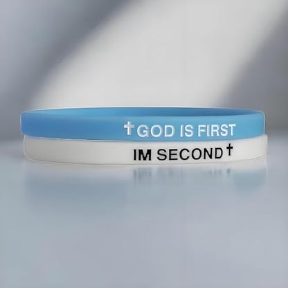 LIU JUN God Is First Bracelet, GOD IS FIRST IM SECOND Christian Rubber Bracelets Inspirational Engraved Bible Verses Cross Silicone Bracelet For Women Men Faith Gifts - color: blue-white