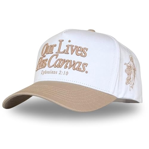 Vintage Faith & Forever Trucker Hat | Men & Women | Christian Cross Jesus Hats | Bachelorette Bride Hat | Cotton | Snapback - color: Our Lives, His Canvas | Taupe