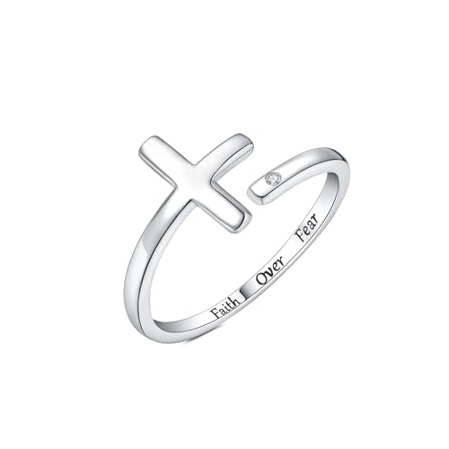 Sterling Silver Cross Rings for Women - Faith Inspirational Adjustable Rings Jewelry Gifts for Christian - style: Faith Over Fear