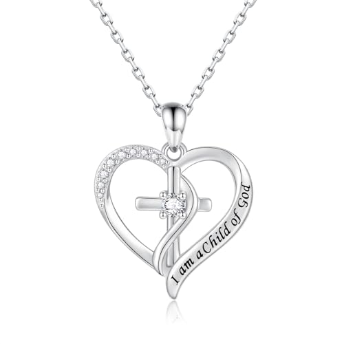925 Sterling Silver I Am a Child of God Scripture Pendant with Birthstone Heart Cross Communion Necklace for Women Christian Faith Jewelry Gift - color: April