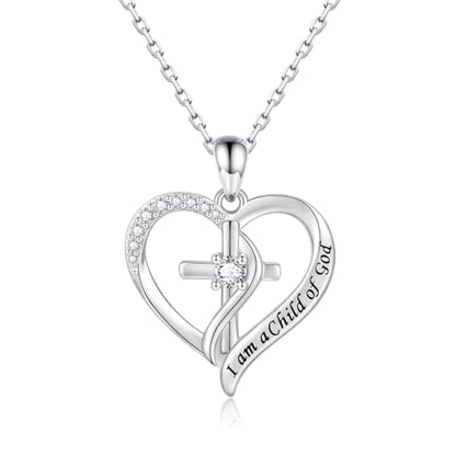 925 Sterling Silver I Am a Child of God Scripture Pendant with Birthstone Heart Cross Communion Necklace for Women Christian Faith Jewelry Gift - color: April