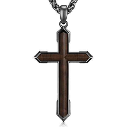 NORBU Wooden Cross Necklace for Men, Black Natural Wood Cross Pendant