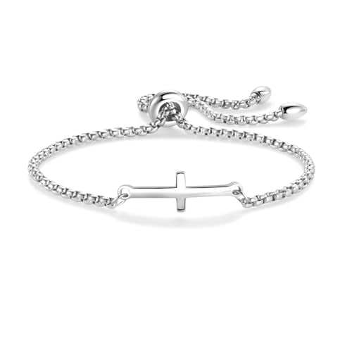 NARTGO Sideways Cross Christian Bracelet for Women Religious Faith Believe Bracelet Baptisms Jewelry Gift Stainless Steel Adjustable Chain - color: Silver