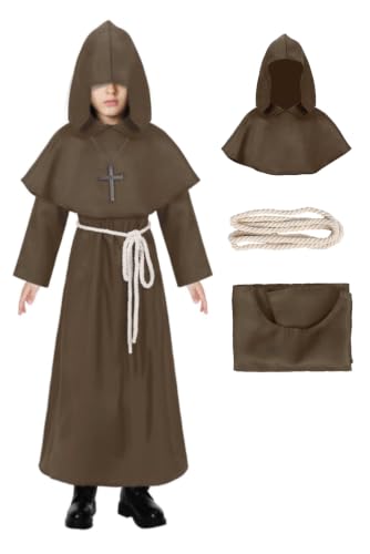 Kids Medieval Monk Robe Hooded Friar Cloak - color: Brown, size: Small