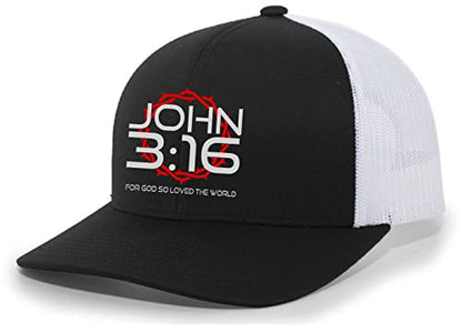 Christian John 3:16 for Got So Loved The World Mens Embroidered Mesh Back Trucker Hat - color: Black/White