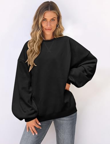 UEU Women Oversized Striped Crewneck Sweatshirt Long Sleeve Casual Pullover - color: Black, size: Small