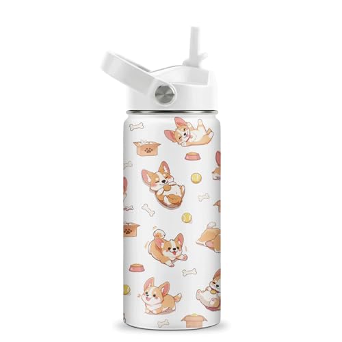 Corgi Water Bottle - Corgi 16oz Stainless Steel Water Bottle with Straw - Cute Corgis Insulated Cup for Girls Boys - Dog Kids Tumbler for School, Sports, Travel - color: Corgi01, size: 16 Ounces