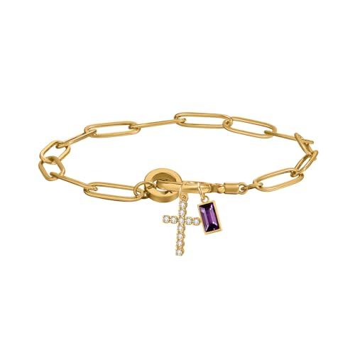 Paperclip Birthstone Cross Charm Bracelet – 18K Gold Plated Link Chain with Cross Charm & Personalized Birthstone, Adjustable Faith Jewelry Gift for Women, Baptism Confirmation Birthday - color: Feb - Amethyst
