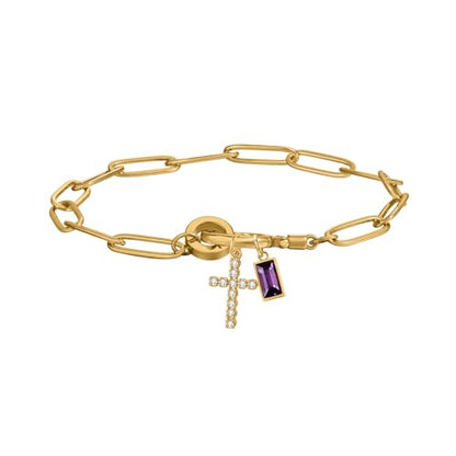 Paperclip Birthstone Cross Charm Bracelet – 18K Gold Plated Link Chain with Cross Charm & Personalized Birthstone, Adjustable Faith Jewelry Gift for Women, Baptism Confirmation Birthday - color: Feb - Amethyst
