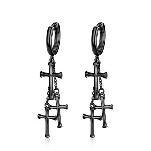 Cross Earrings 925 Sterling Silver Cross Dangle Earrings Christianity Jewelry Gift for Men Women - style: 3 Cross-Black