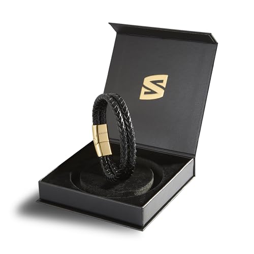 SERASAR Men's Leather Bracelet with Stainless Steel Magnetic Clasp - color: Gold, size: 17cm, style: Double