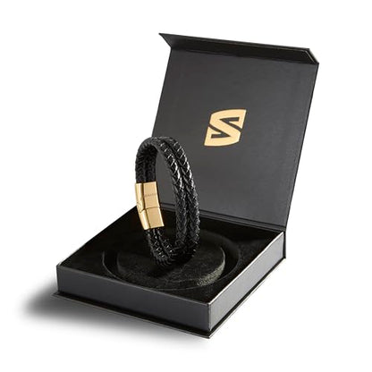 SERASAR Men's Leather Bracelet with Stainless Steel Magnetic Clasp - color: Gold, size: 17cm, style: Double