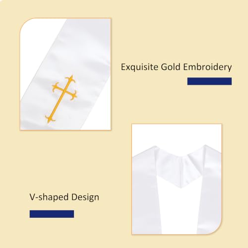 Clergy Stole, Choir Stole with Cross Embroidery 60'' - color: White