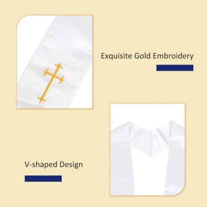 Clergy Stole, Choir Stole with Cross Embroidery 60'' - color: White