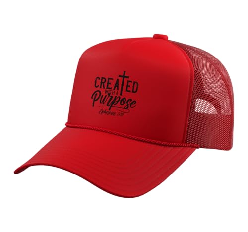 Created with a Destiny Ephesians 2 10 Bible Verses Trucker Hat with Adjustable Mesh Back - color: Red