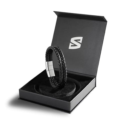 SERASAR Men's Leather Bracelet with Stainless Steel Magnetic Clasp - color: Silver, size: 17cm, style: Double