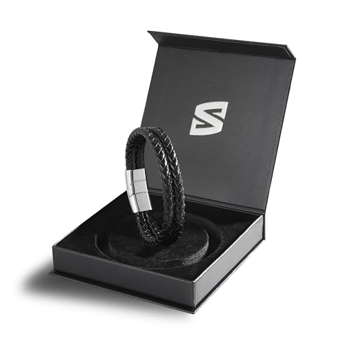 SERASAR Men's Leather Bracelet with Stainless Steel Magnetic Clasp - color: Silver, size: 23cm, style: Double