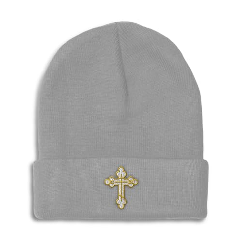 Custom Beanies for Men Gold Outline Orthodox Cross Faith Jesus God Skull Cap Winter Hats Women One Size - color: Light Grey Design Only